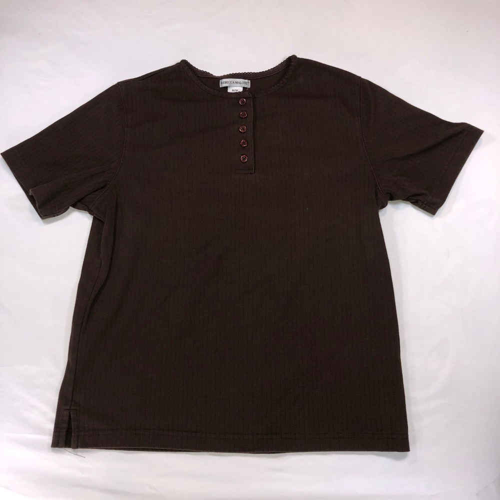 Rebecca Malone Brown Ribbed Henley Short Sleeve Top Picot Trim Size M